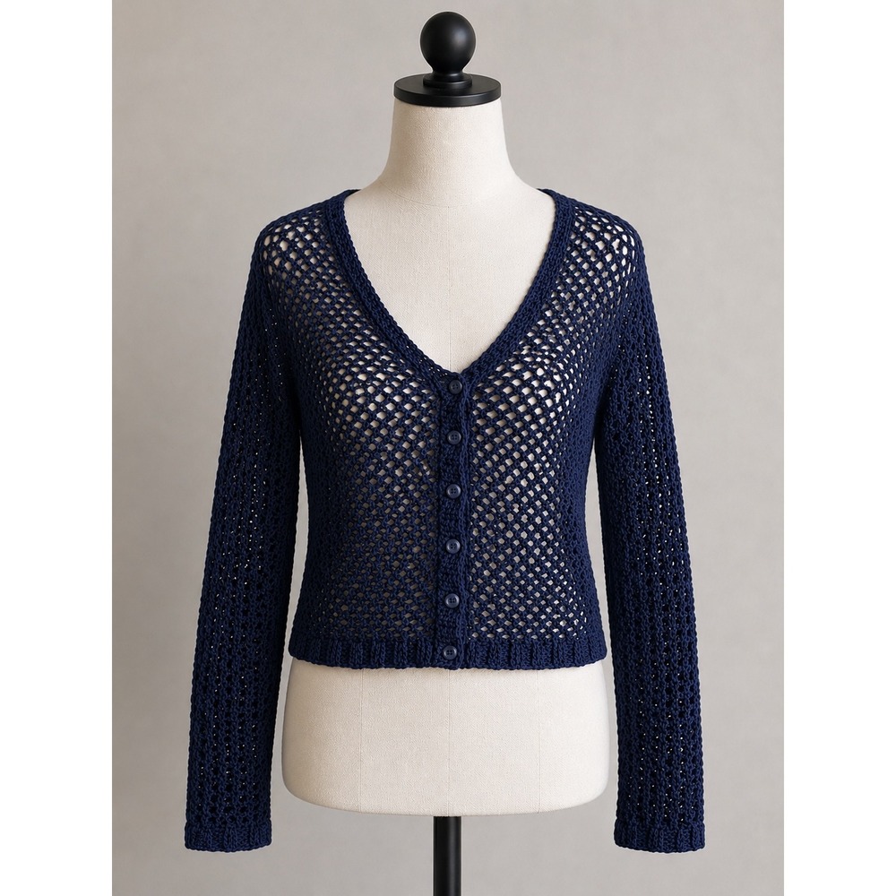 American Eagle Navy Blue Open Knit Cropped Cardigan Sweater Button Front Medium